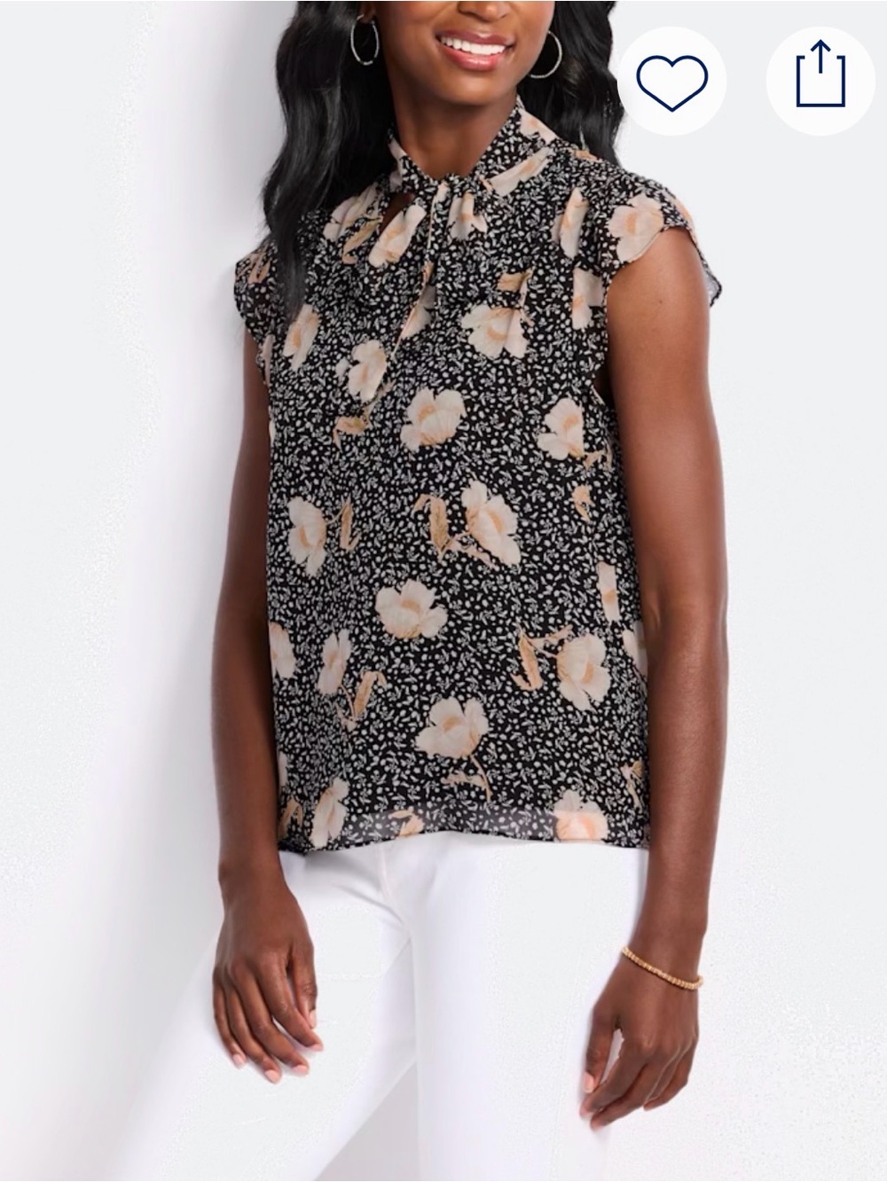 Les Serein by Stitch Fix Kaycee Floral Tie Neck Blouse XL Black Beige Lined